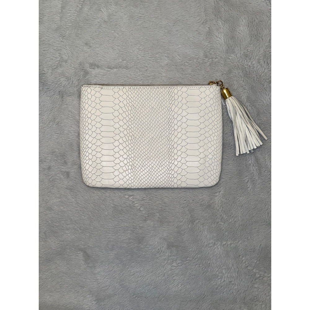 GiGi New York White Python Embossed Leather Tassel Clutch Bag Gold Hardware - Picture 2 of 9